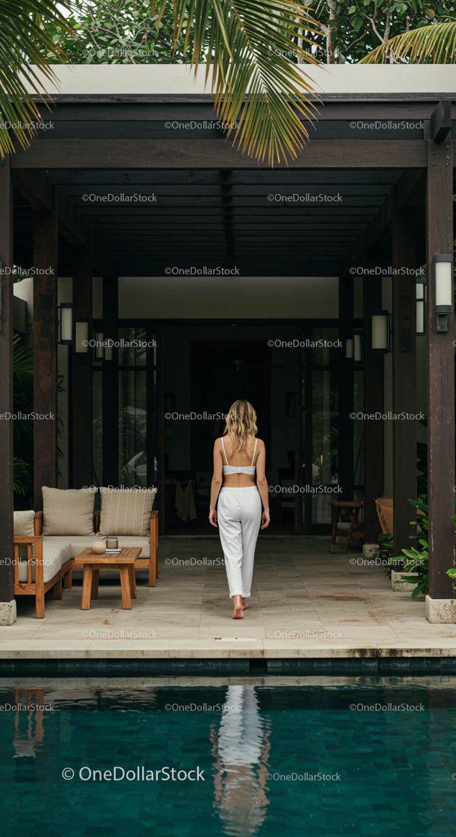 Serene Woman Walking at a Luxury Tropical Resort