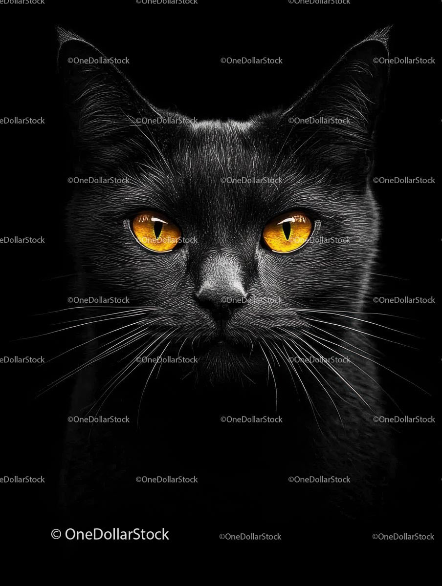 Black Cat with Glowing Amber Eyes on Dark Background
