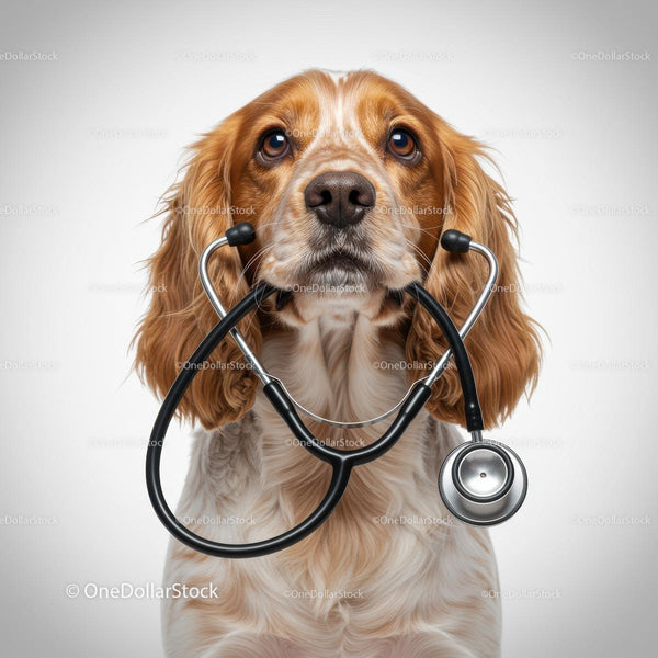 Cocker Spaniel with Stethoscope Looking Curious