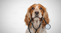 Cocker Spaniel Holding Stethoscope in Veterinary Setting