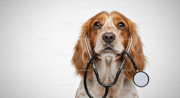 Cocker Spaniel Holding Stethoscope in Veterinary Setting