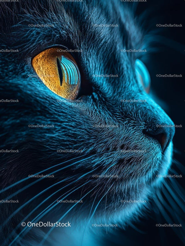 Close-Up of a Cat's Face with Vibrant Orange Eyes