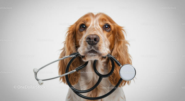 Cocker Spaniel Holding Stethoscope in Veterinary Setting