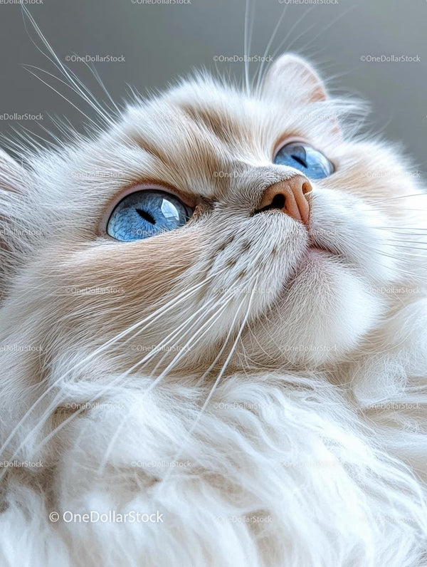 Fluffy White Cat with Striking Blue Eyes Close-Up
