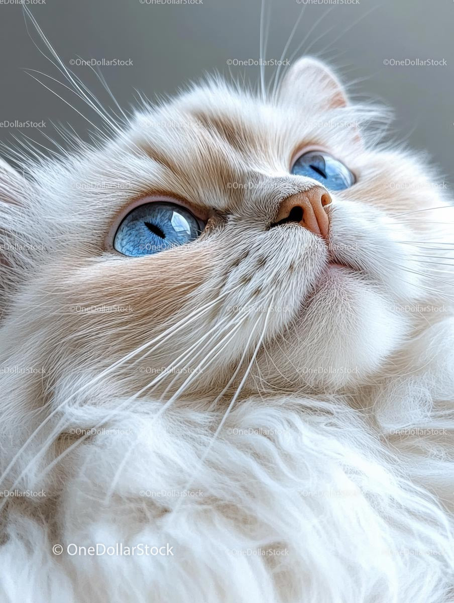 Fluffy White Cat with Striking Blue Eyes Close-Up
