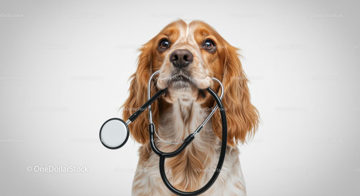Cocker Spaniel ze stetoskopem ilustrującym opiekę weterynaryjną