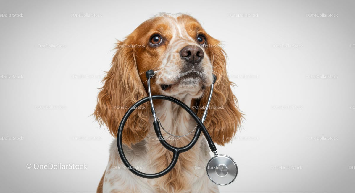 Adorable Cocker Spaniel with Stethoscope Looking Curious