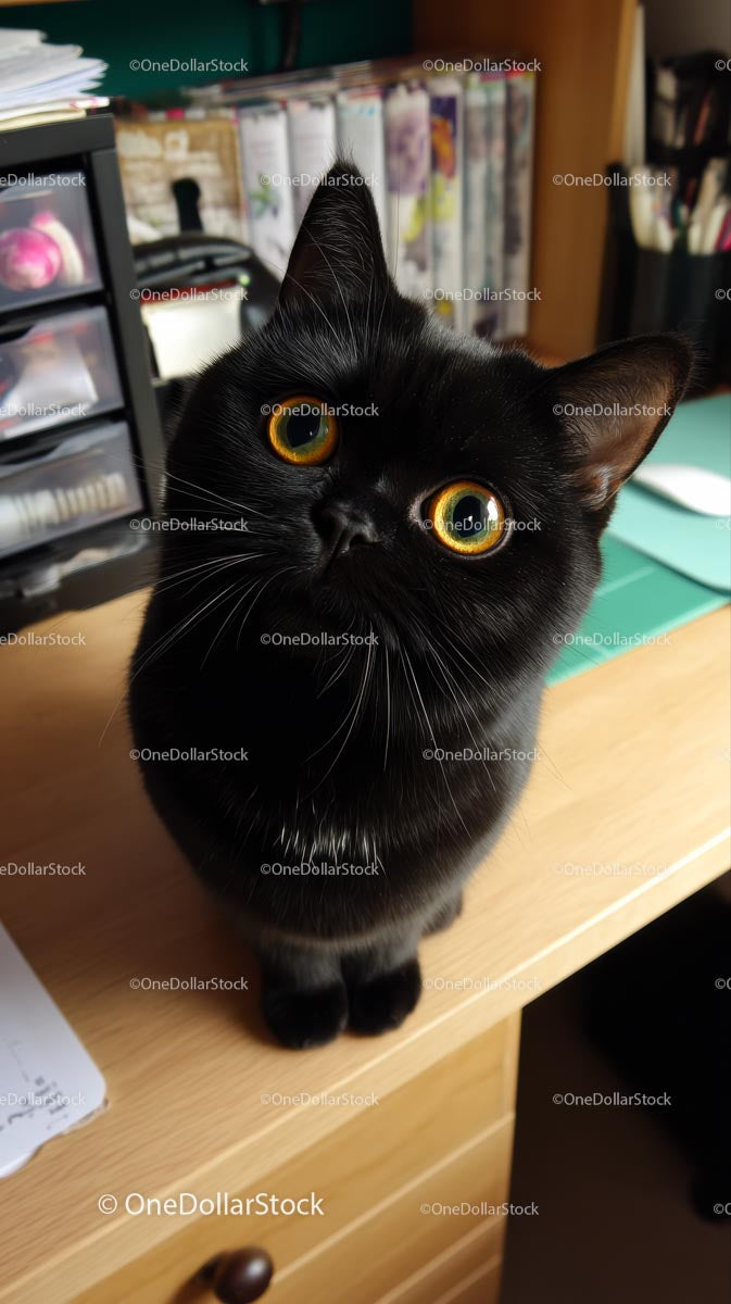 Curious Black Cat with Striking Amber Eyes on Desk