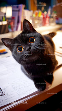Curious Black Cat on a Lit Desk