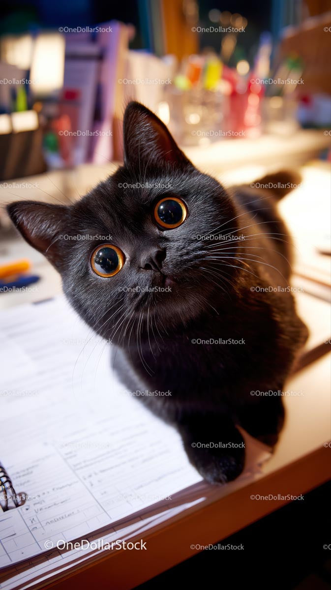 Curious Black Cat on a Lit Desk