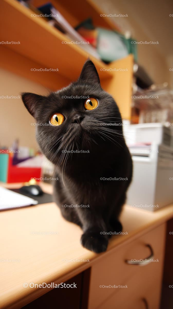 Curious Black Cat with Bright Golden Eyes on Desk