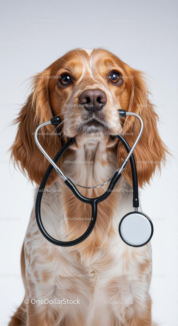 Cocker Spaniel Holding Stethoscope in Veterinary Concept