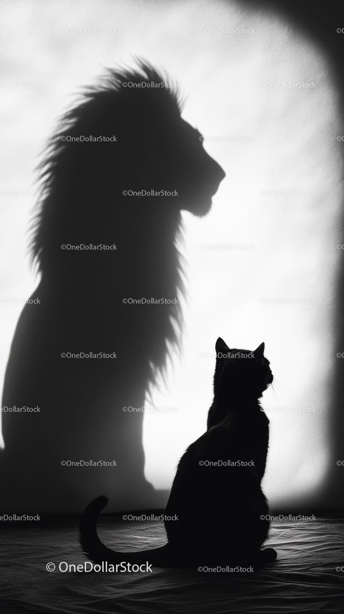 Cat Silhouette Casting a Lion's Shadow in Black and White