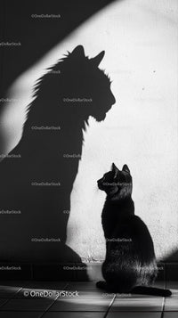 Black Cat with Majestic Lion Shadow on White Wall