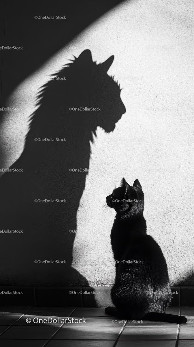 Black Cat with Majestic Lion Shadow on White Wall