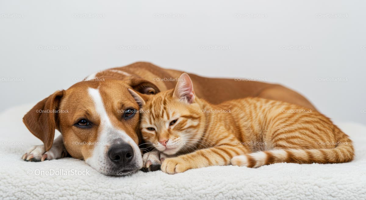 Adorable Dog and Cat Cuddling on Soft Blanket