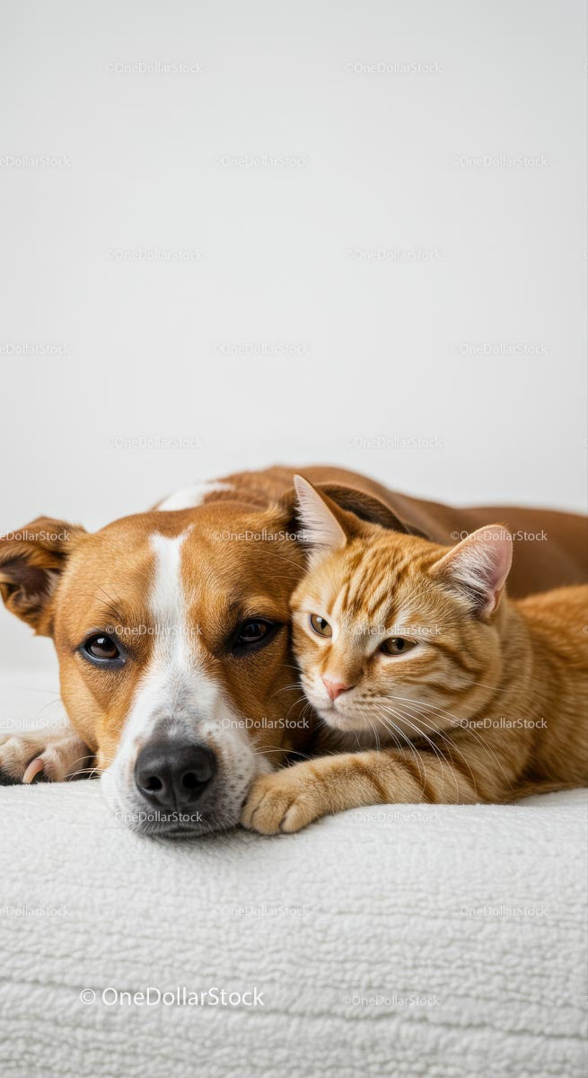 Dog and Cat Cuddling Comfortably on a Soft Blanket