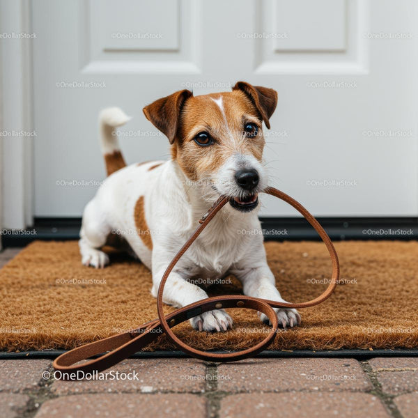 Jack Russell Terrier czeka przy drzwiach wejściowych