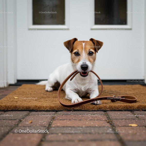Jack Russell Terrier With Leash Sitting at Front Door