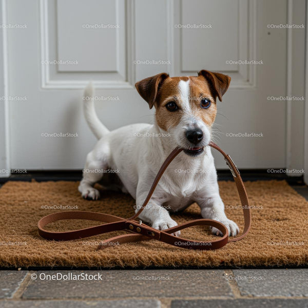 Jack Russell Terrier Ready for a Walk With Leash in Mouth
