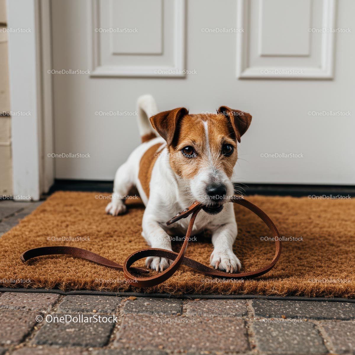Zabawny Jack Russell Terrier ze smyczą na brązowej wycieraczce