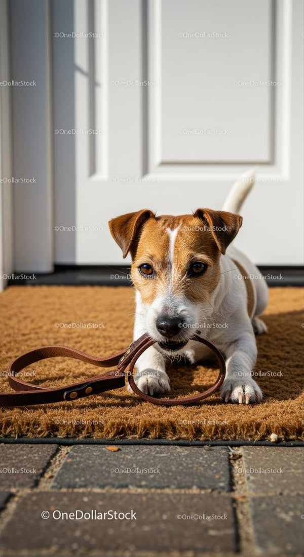 Jack Russell Terrier with Leash on Sunny Patio