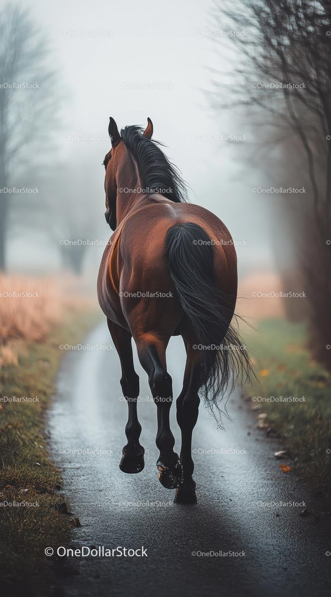Brown Horse Trotting on Foggy Countryside Path