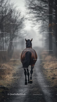 Horse Walking on a Misty Forest Path