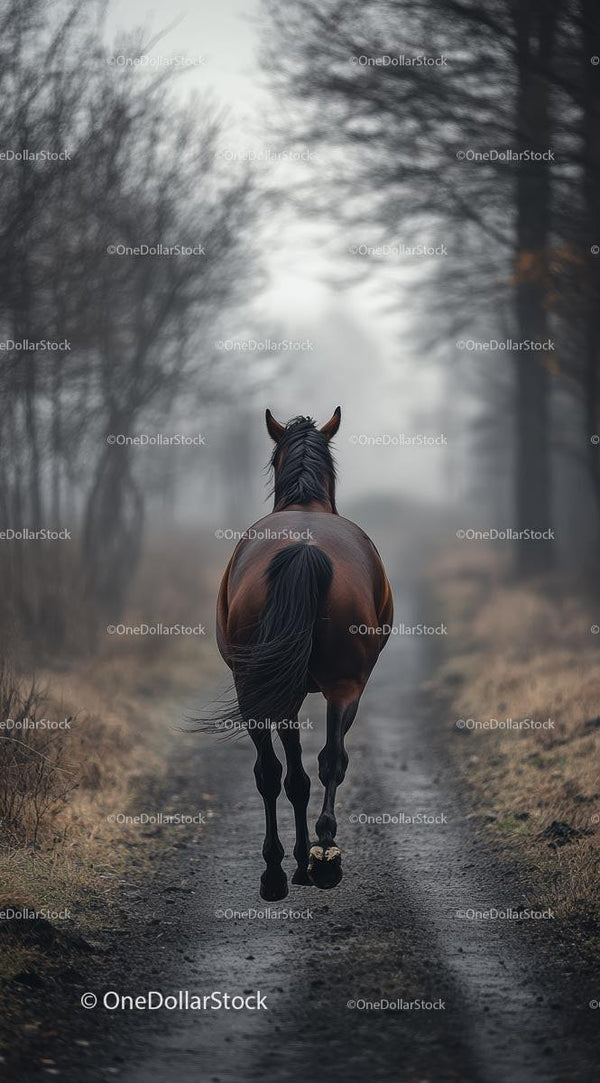 Horse Walking on a Misty Forest Path