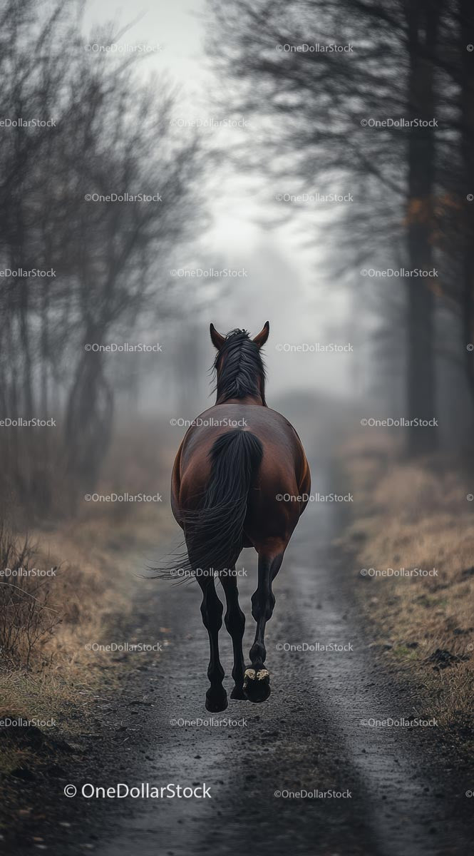 Horse Walking on a Misty Forest Path
