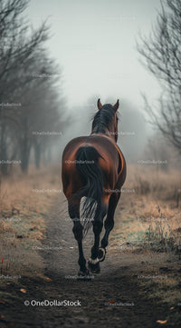 Majestic Horse Walking Through Misty Autumn Path