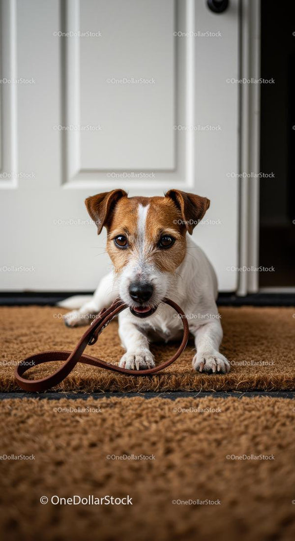 Jack Russell Terrier czeka z smyczą przy drzwiach
