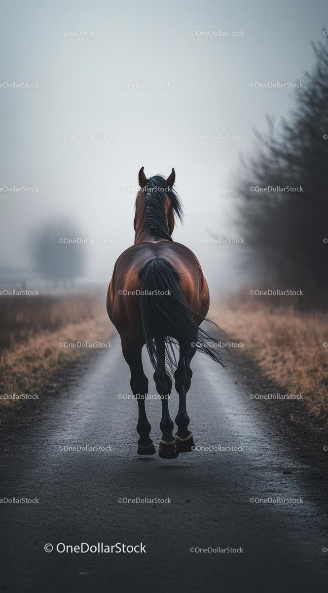 Horse Walking on a Foggy Rural Pathway