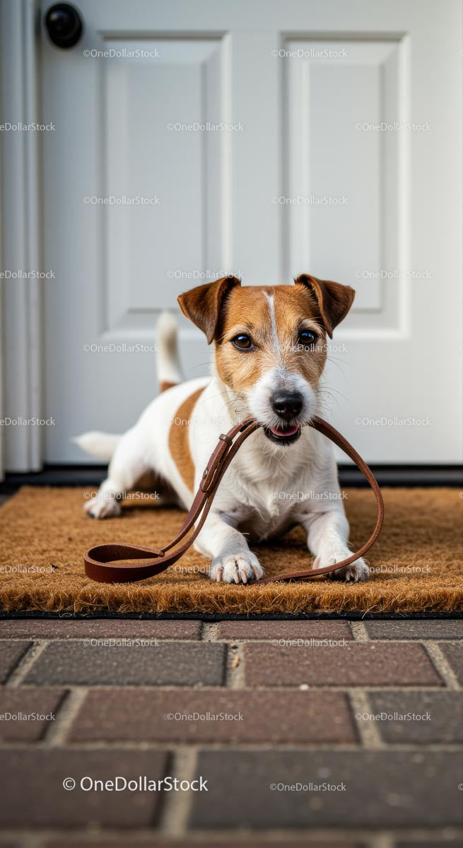 Zabawny Jack Russell Terrier ze smyczą na ganku