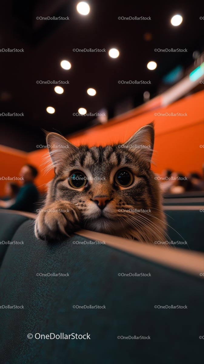 Curious Tabby Cat Sitting in Theater Seat