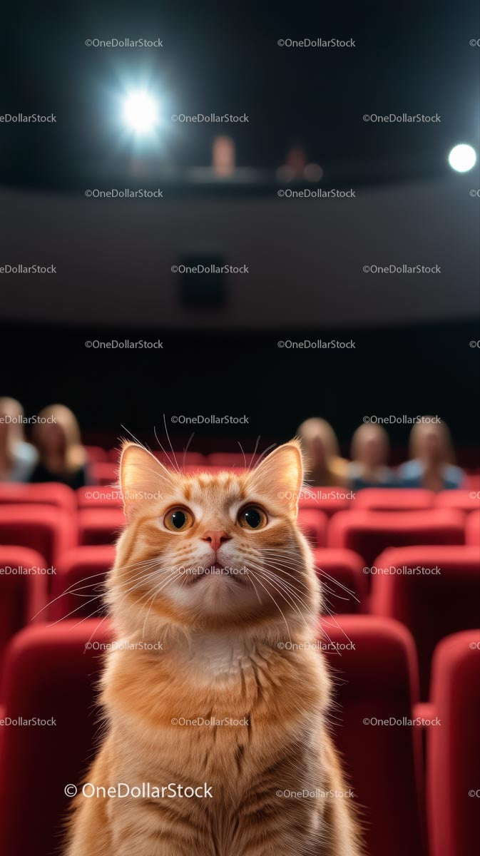 Ginger Cat Enjoying a Movie in a Theater