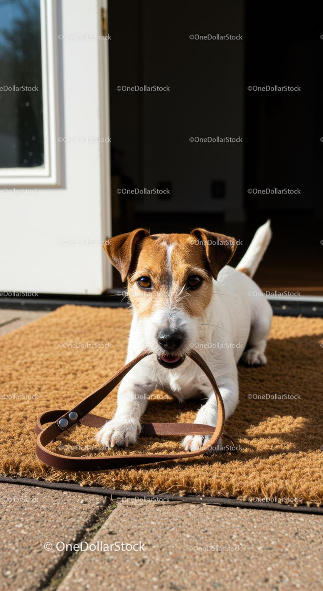 Jack Russell Terrier Holding Leash by Doorway