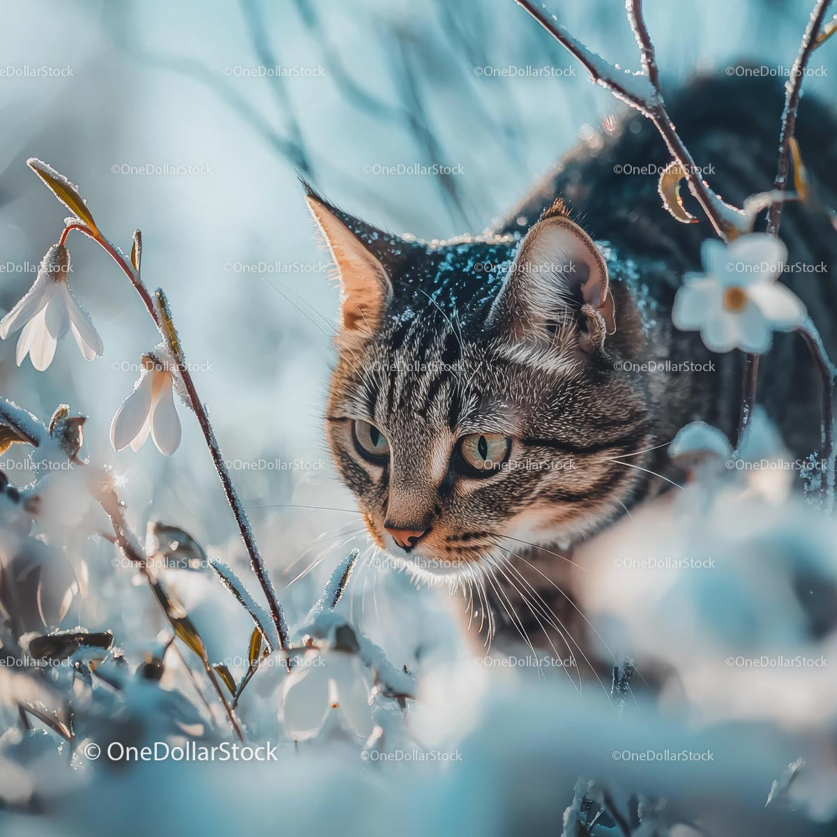 Tabby Cat Exploring Snowy Garden with Snowdrops