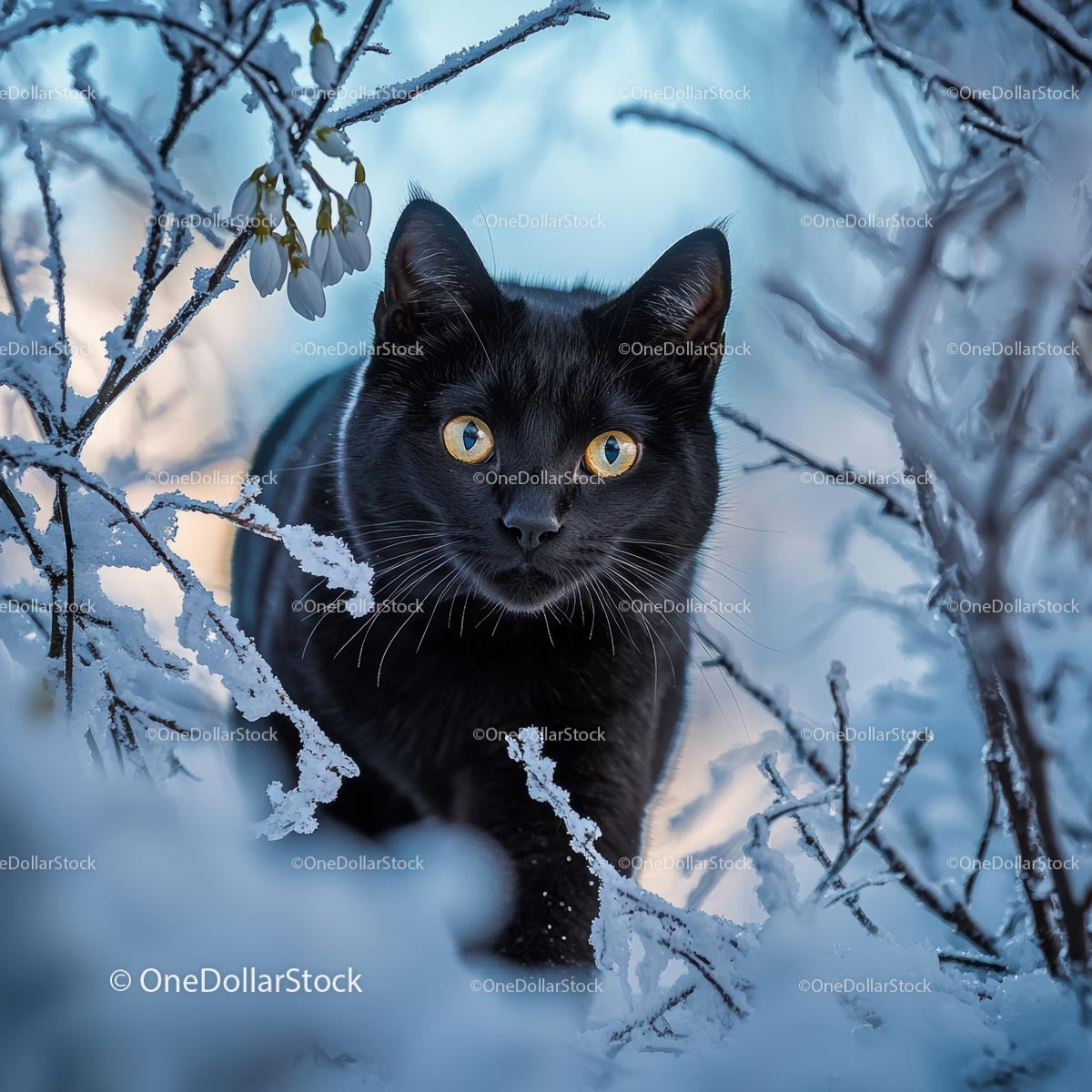 Black Cat with Yellow Eyes in Snowy Winter Landscape