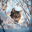 Tabby Cat Exploring Snowy Winter Landscape