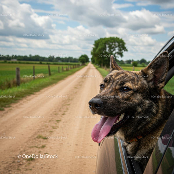 Playful Dog Enjoying a Countryside Road Trip