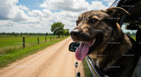Happy Dog Enjoying Car Ride on Sunny Countryside Road