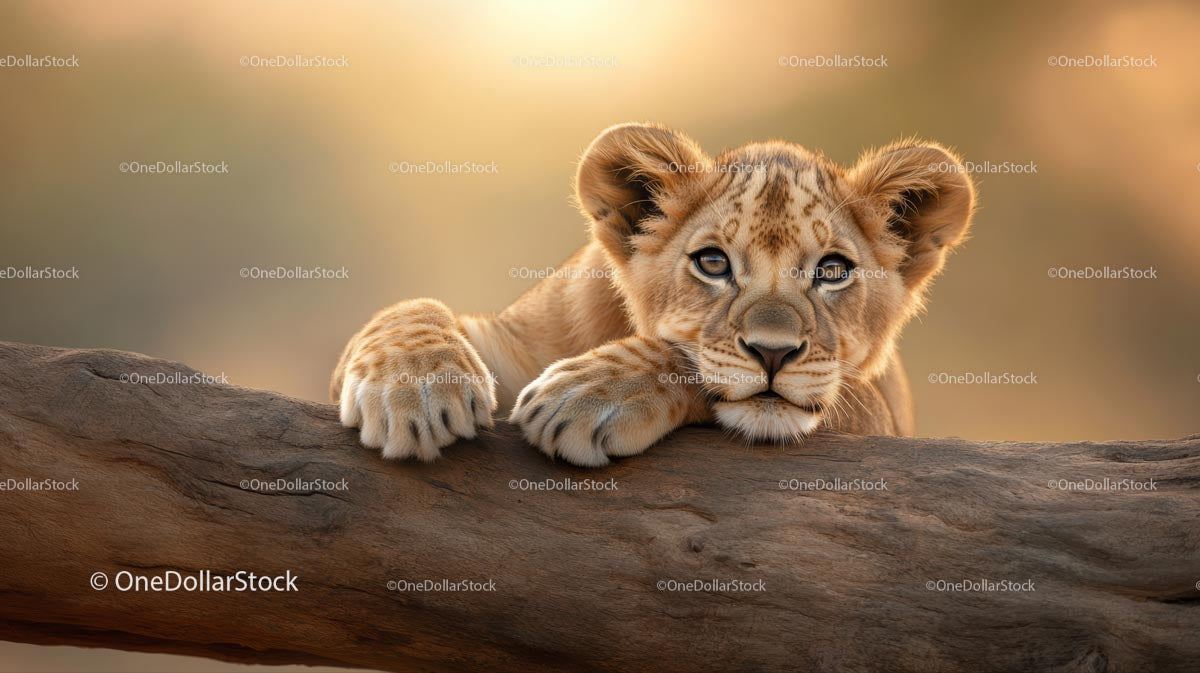 Adorable Lion Cub Resting on Tree in Warm Light