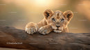Adorable Lion Cub Resting on Tree in Warm Light