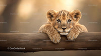 Adorable Lion Cub Resting on a Log in Natural Habitat