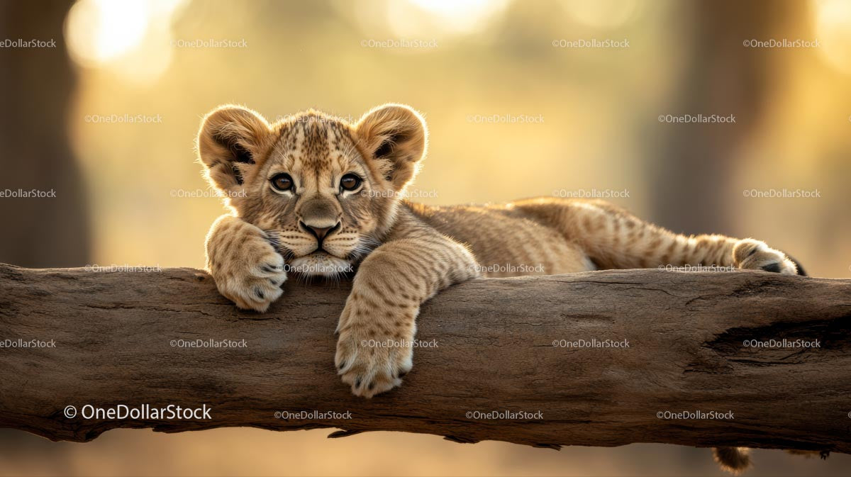 Adorable Lion Cub Resting on a Tree Branch