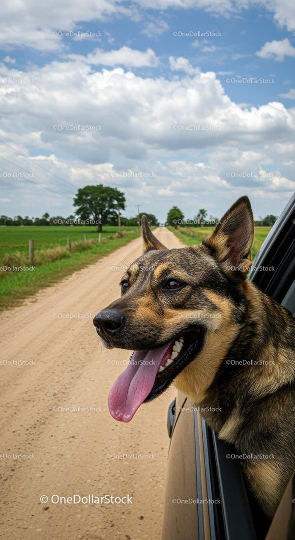 Happy Dog Enjoying Car Ride on a Countryside Road