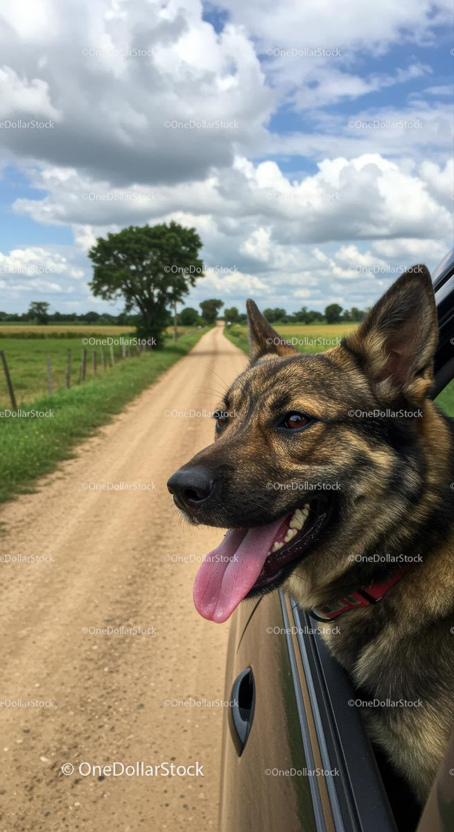 Happy Dog Enjoying a Car Ride on Rural Road