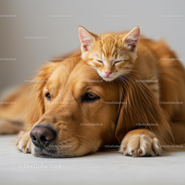 Sleeping Kitten Resting on Golden Retriever