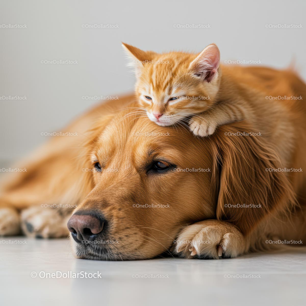 Adorable Kitten Resting on Golden Retriever